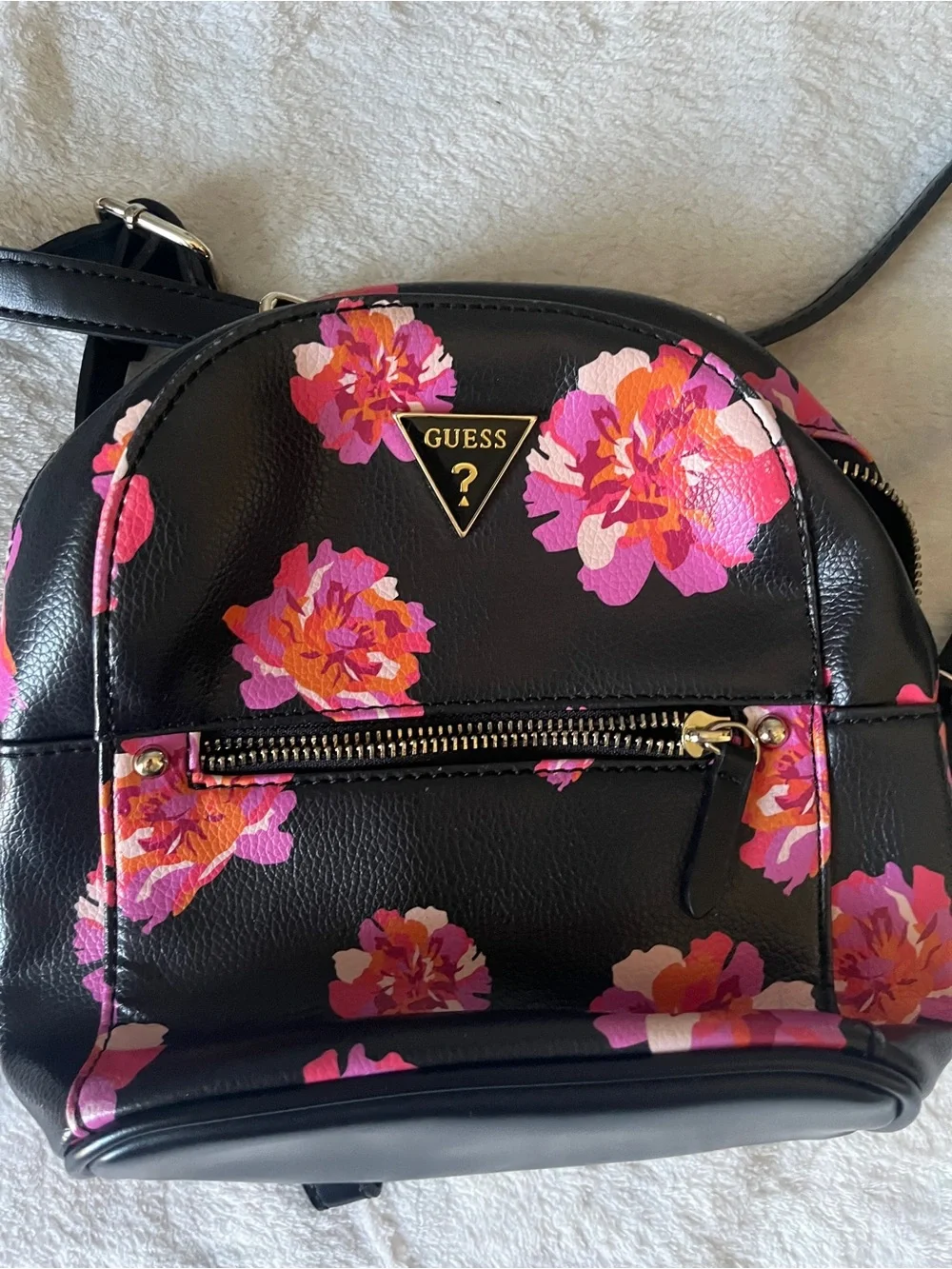 GUESS Black Mini Backpack with Pink and Orange Floral Print